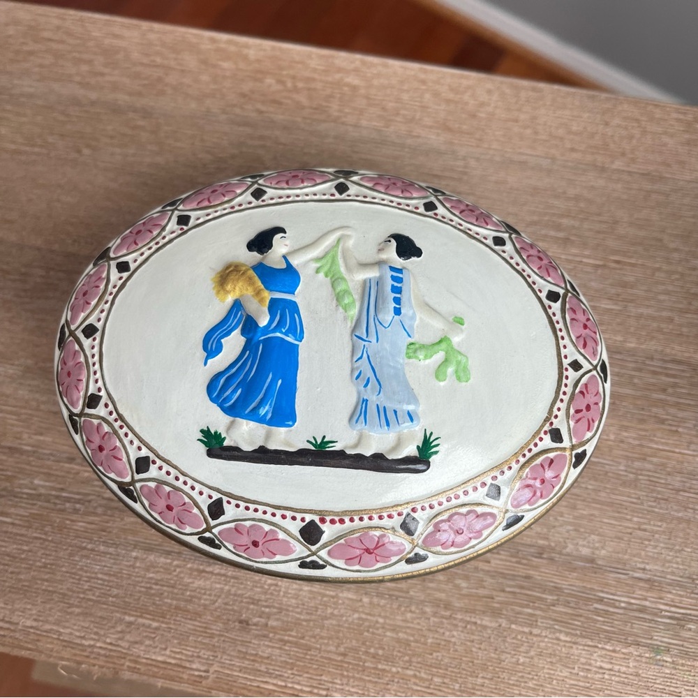 Vintage Hand-Painted Porcelain Trinket Box Floral Folk Art Cottagecore Romantic